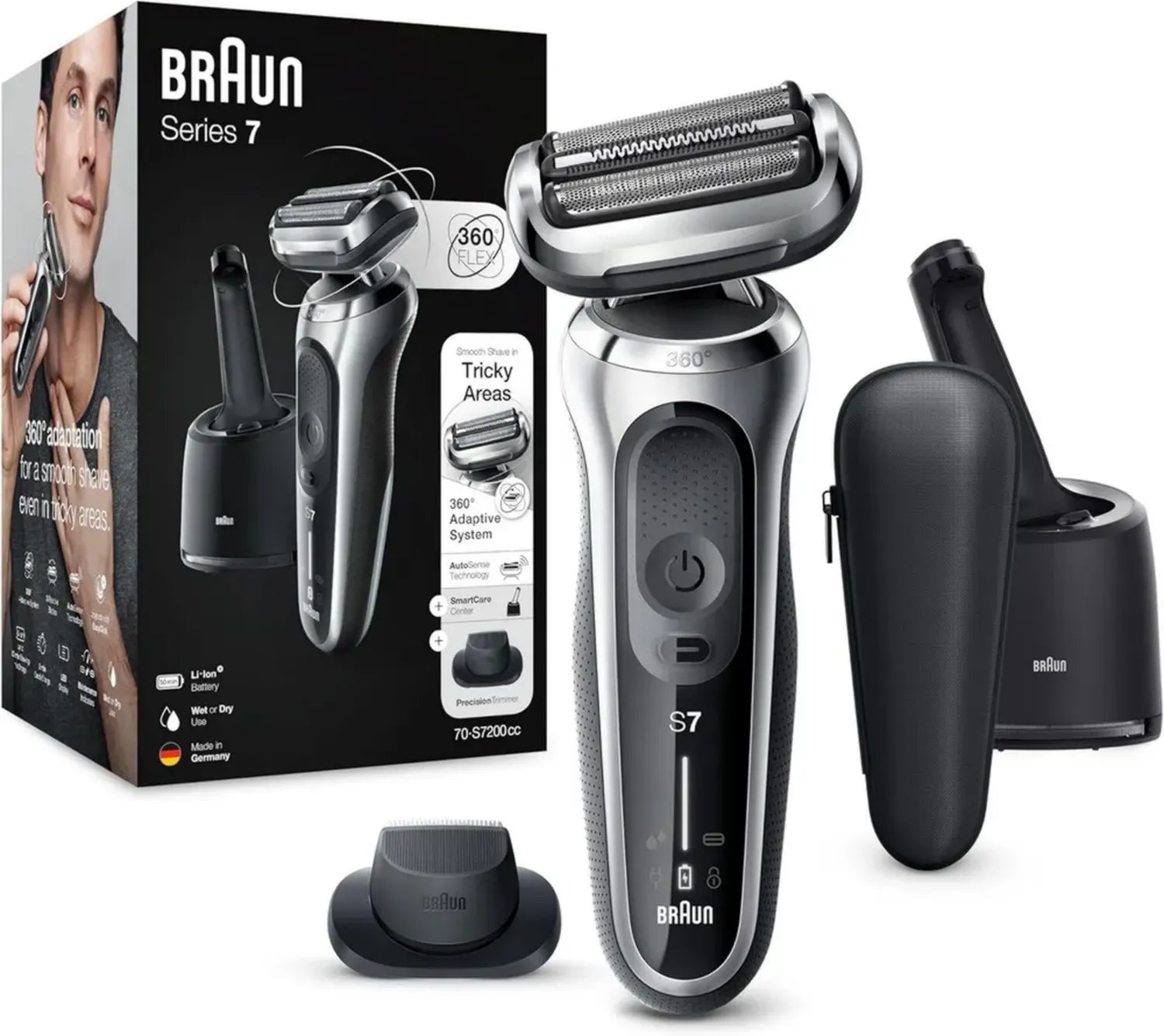Braun Series 7 Herrenrasierer mit 360° Flex, Präzisionstrimmer & Reinigungsstation, AutoSense, Wet & Dry, EasyClick, Modell 70-S7200cc, Silber