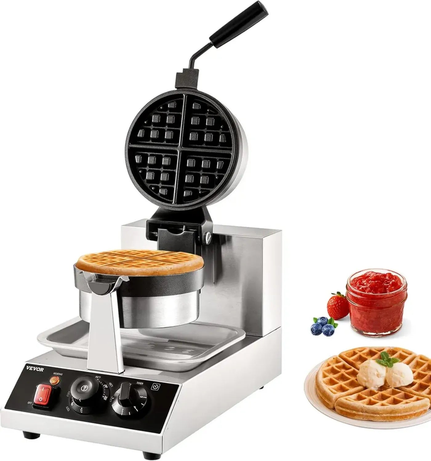 VEVOR Waffeleisen 1300 W, Edelstahl Belgische Waffeln Maschine mit Zubehör, Hitzebeständiger Griff, Ideal für Cafés und Restaurants