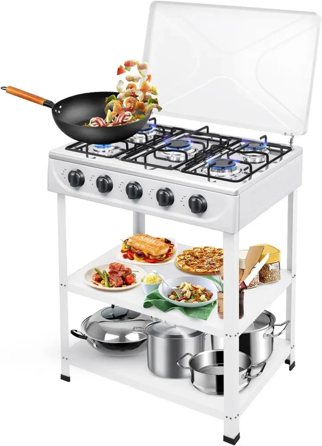 5-Flammen Gaskocher 2.5KW, Tragbarer Camping-Gasherd mit Gusseisenrosten für Propan und Erdgas